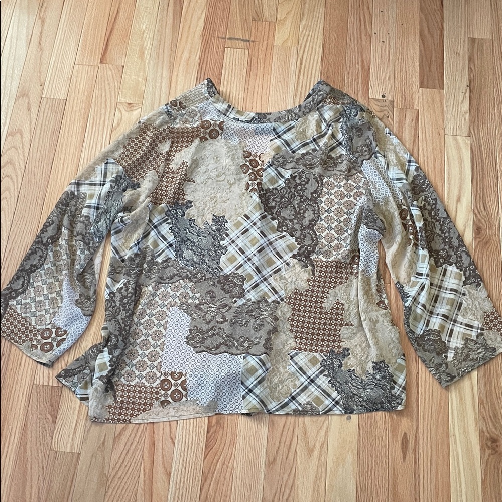 Susan Graver Top Womens 2x Brown Patchwork Print Button Up Boho Coastal Casual - Picture 9 of 10